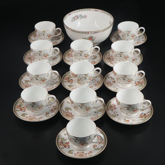 Wedgwood Bone China "Oberon" Teacups and Saucers with "Kutani Crane" Bowl