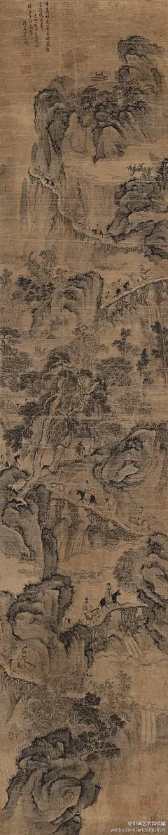 #山水画#【 清 叶六隆 《蜀峰栈道图》 】立轴，绢本，236×48cm，旅顺博物馆藏。 此图写蜀山的雄奇，蜀道的艰险。溪水云烟，曲屈流畅。行人栈道出笔谨严。