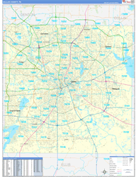 Dallas County, TX Wall Map Zip Code Basic Style 2025