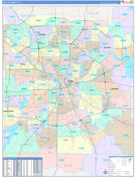 Dallas County, TX Wall Map Color Cast Style 2025