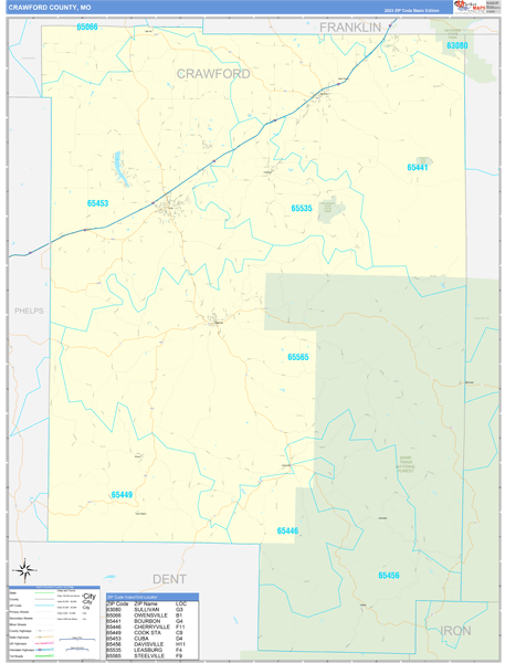 Crawford County, MO Zip Code Wall Map