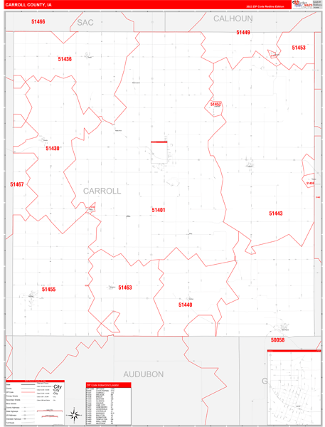 Carroll County, IA 5 Digit Zip Code Maps - Red Line