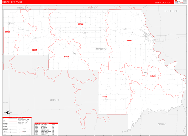 Morton County, ND 5 Digit Zip Code Maps - Red Line