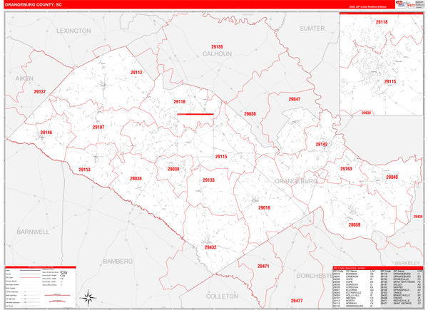 Orangeburg County, SC Zip Code Wall Map