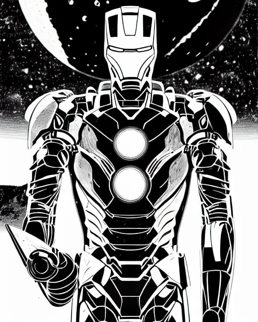 black and white sad iron man with shawarma on hands on the destroed moon,  wires earth