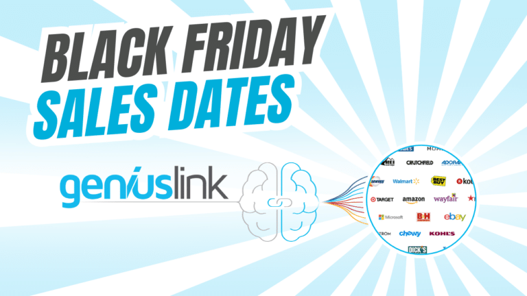 Black Friday Sales Dates. Geniuslink logo displayed with a brain icon connecting to logos of major retailers including Walmart, Best Buy, Target, Amazon, Wayfair, Macy’s, Kohl’s, Dick’s Sporting Goods, Chewy, eBay, Microsoft, Nordstrom, Crutchfield, Adorama, and B&H. Background features blue and white rays radiating from the centre.