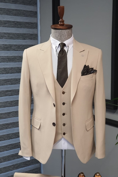 Beige Slim Fit Cotton Suit by GentWith.com with Free Worldwide Shipping