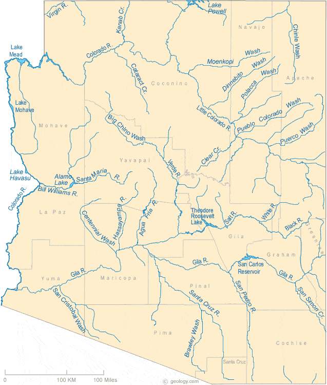 Map of Arizona Lakes, Streams and Rivers