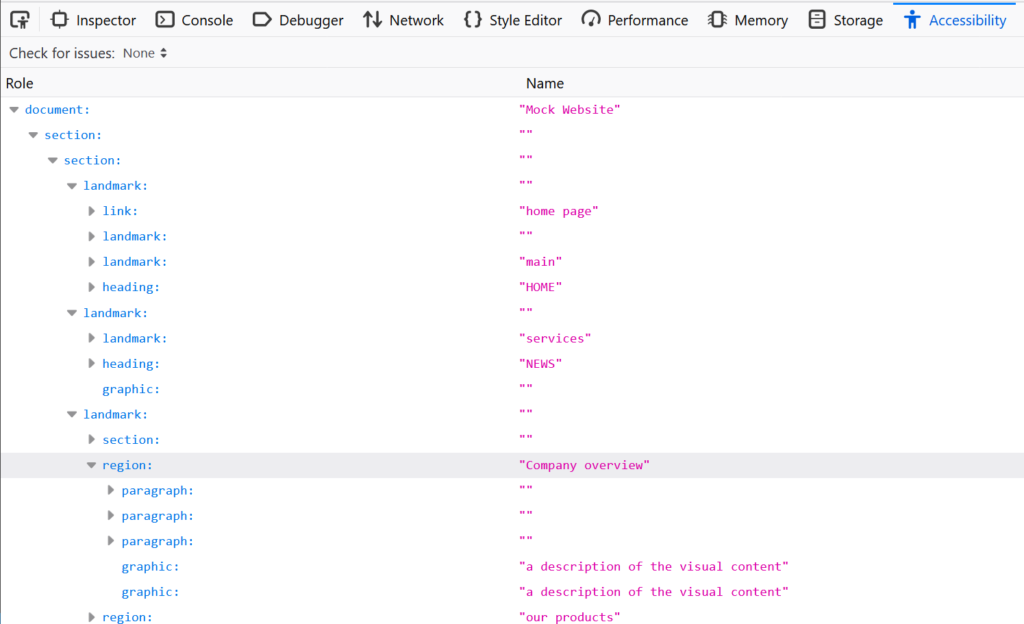 Firefox devtools, accessibility tree view