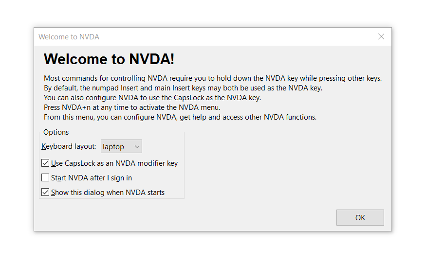 NVDA Welcome window