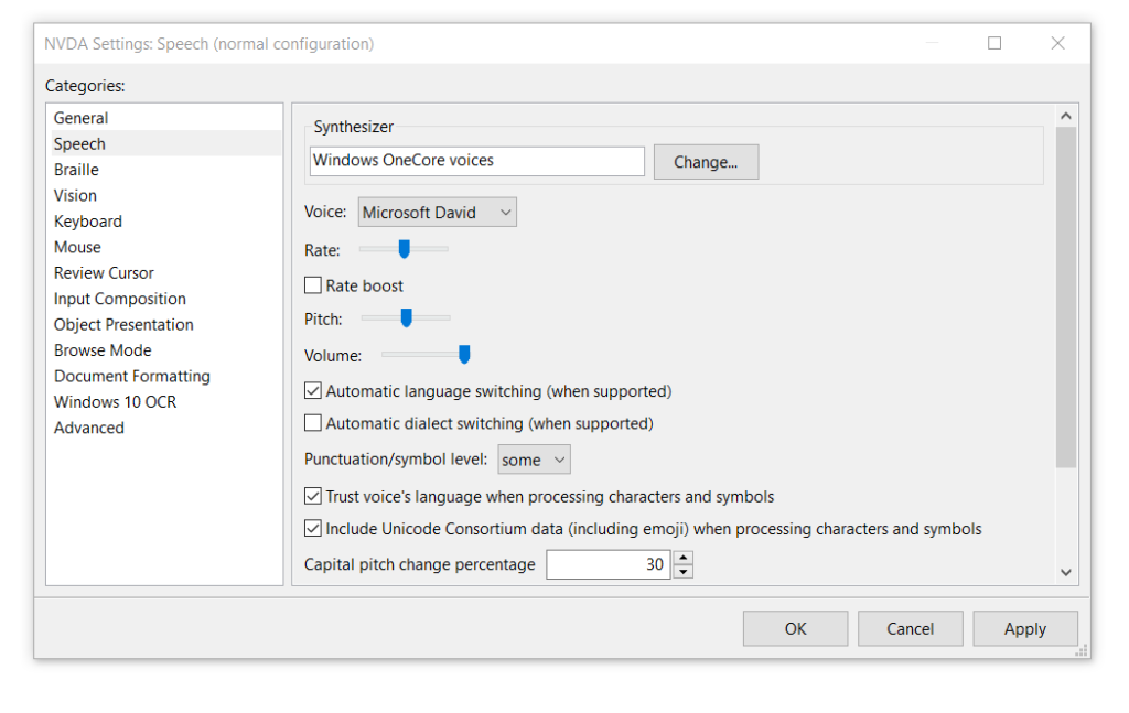 NVDA settings window, showing the speech category