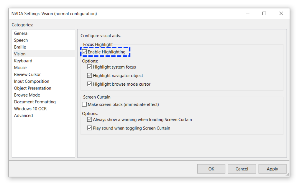 NVDA settings window, showing the vision category