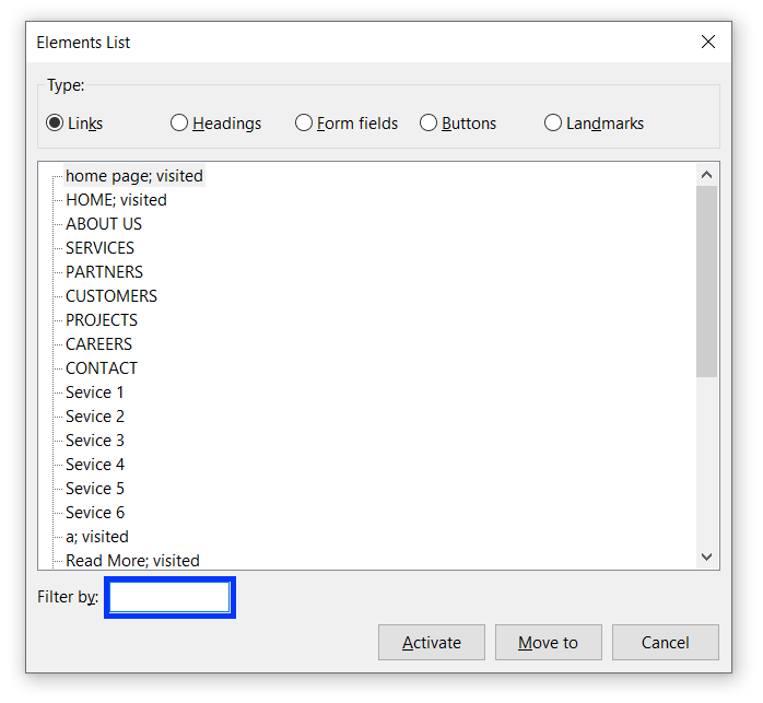 NVDA's elements list window