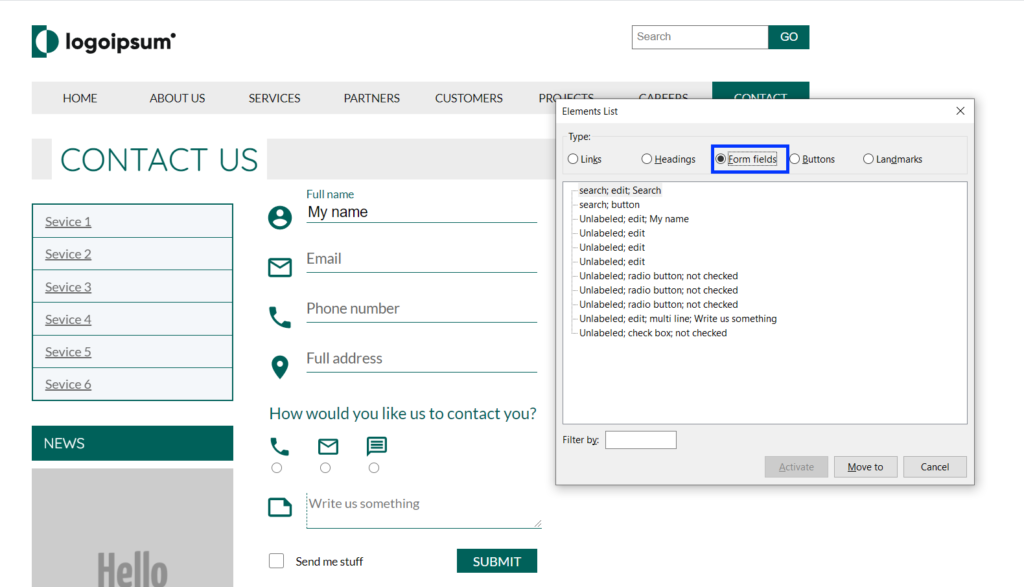 NVDA's elements list window, form fields list. Fields has no accessible names