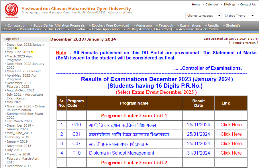 YCMOU Result 2024 Download