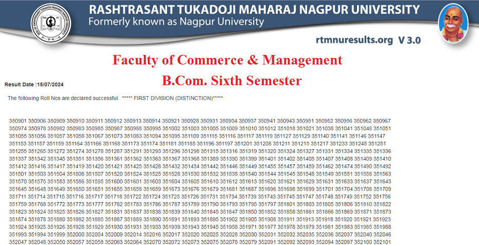 RTMNU BCom 6 Sem Result Summer 2024