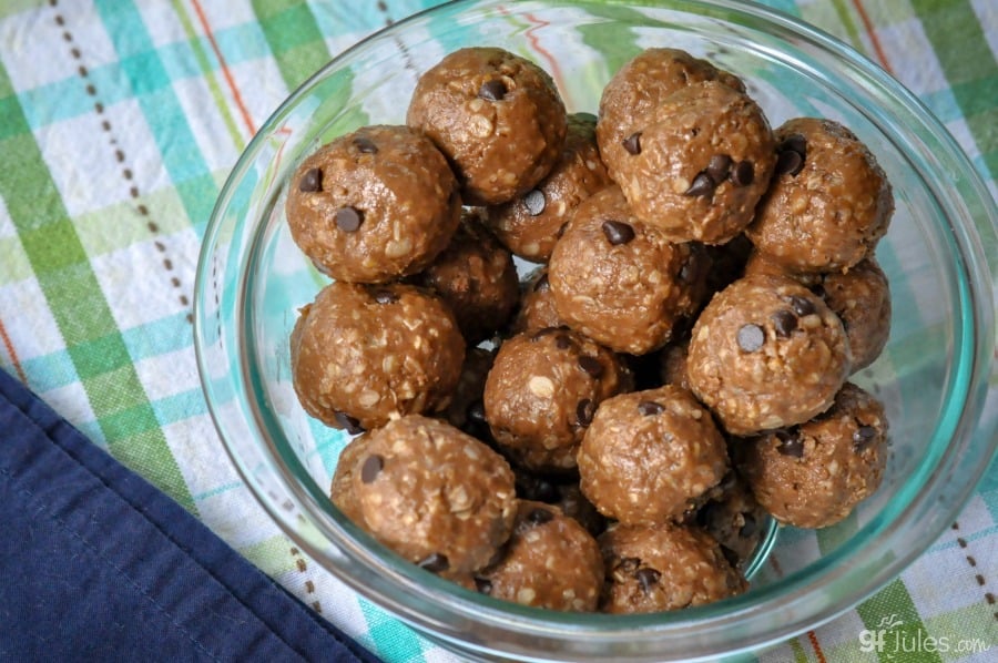 bowl of chocolate gluten free protein bites with napkin