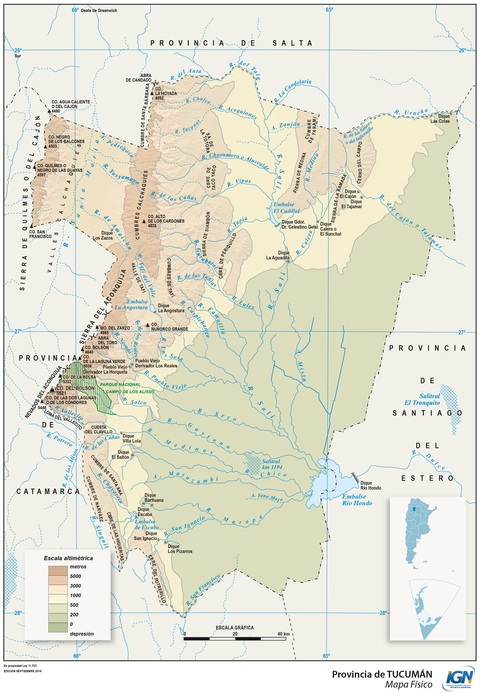 Physical map of the Province of Tucumán, Argentina 