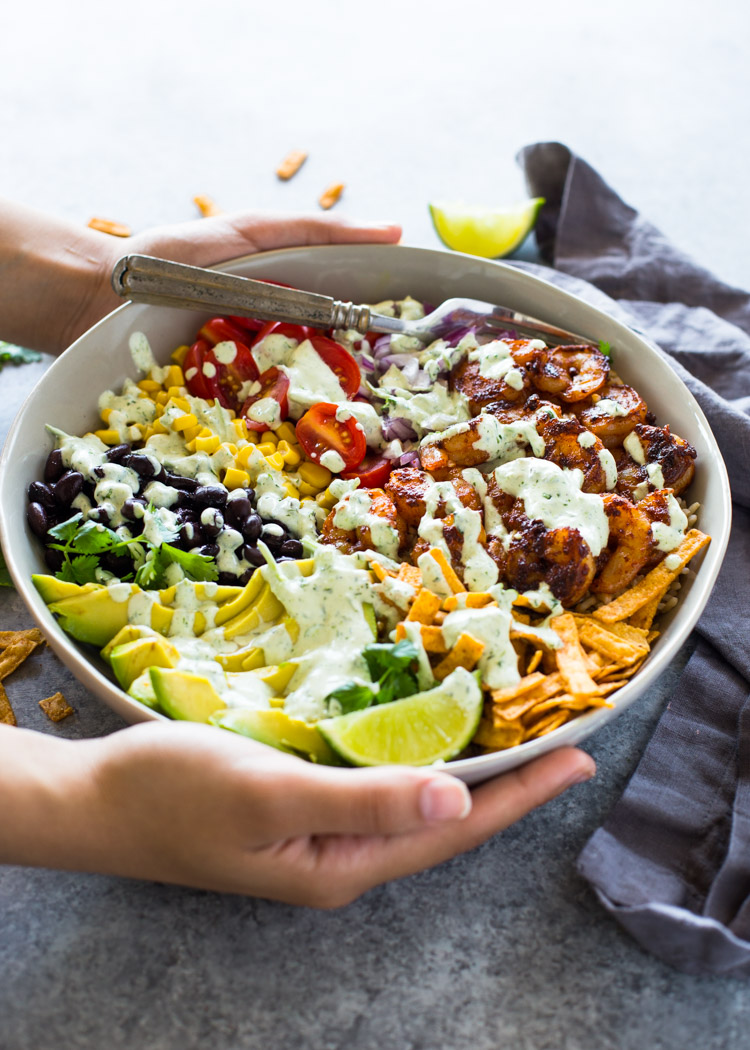 Shrimp Taco Bowls with Low-Fat Creamy Cilantro Sauce