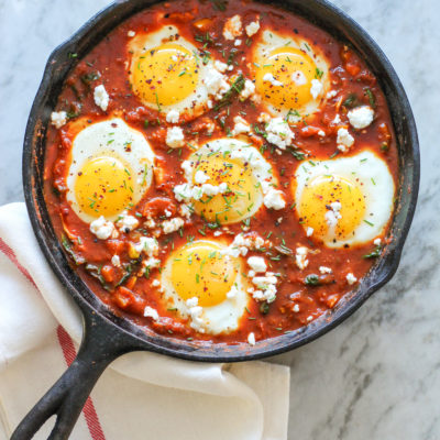 shakshuka with sauteed kale and feta cheese