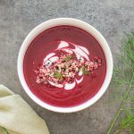 roasted red beet soup with toasted quinoa and dill