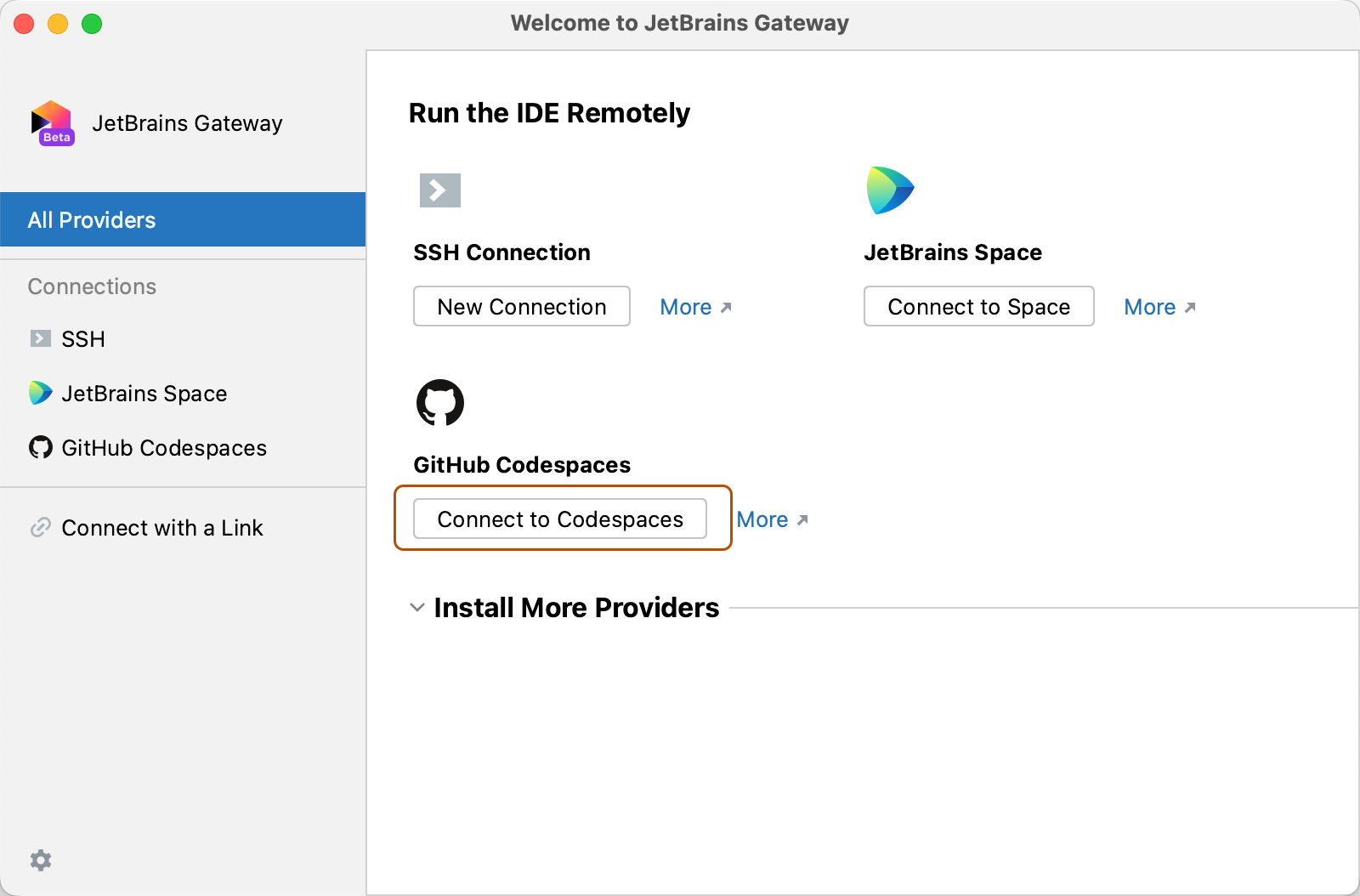 Screenshot of the Gateway with the "Connect to {% data variables.product.prodname_codespaces %}" button.