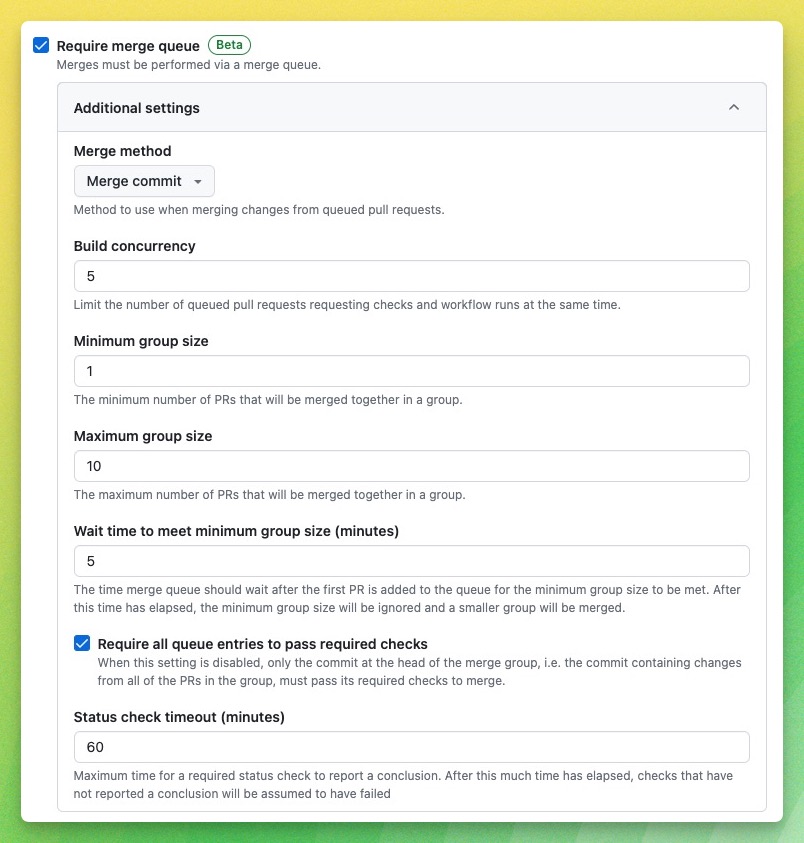 Screenshot showing the configuration of merge queue inside a ruleset