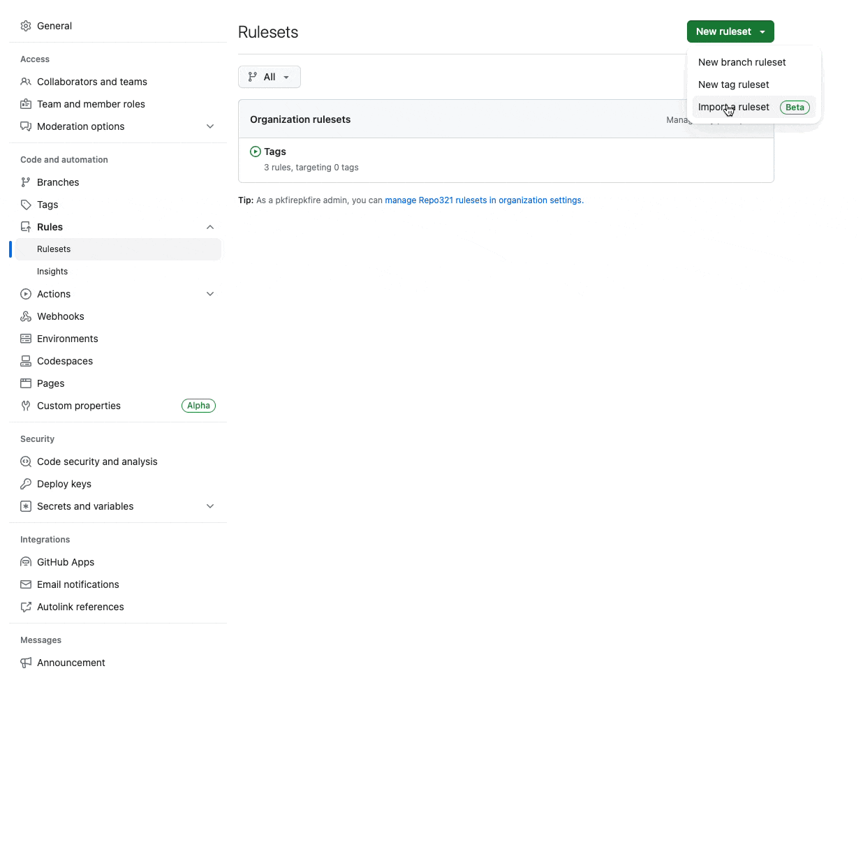 Gif walking through the steps outline above to import a ruleset from a JSON file.