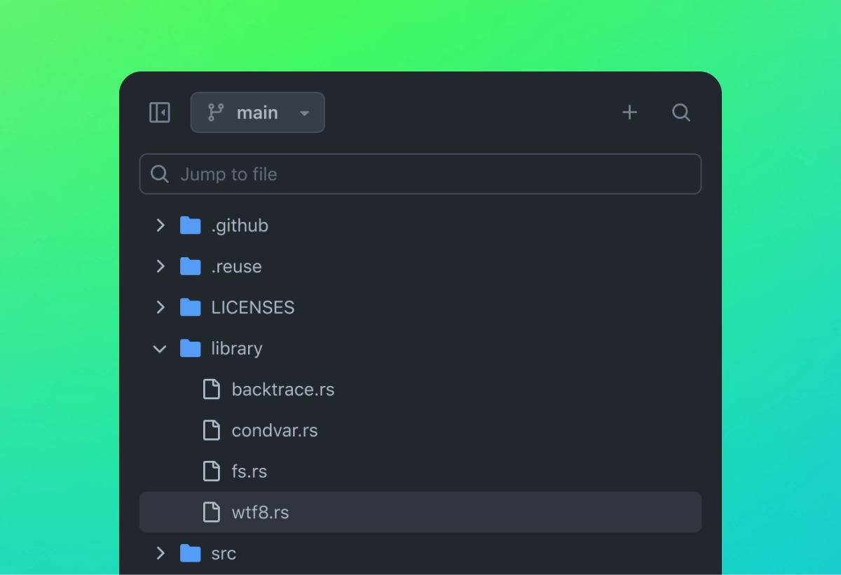 Screenshot of the file explorer in GitHub's code interface, showing a directory structure. The main branch (main) is selected at the top. Folders like .github, .reuse, LICENSES, and library are visible, with the library folder expanded to reveal files such as backtrace.rs, condvar.rs, fs.rs, and wtf8.rs, with wtf8.rs currently selected. The background features a gradient from green to teal.