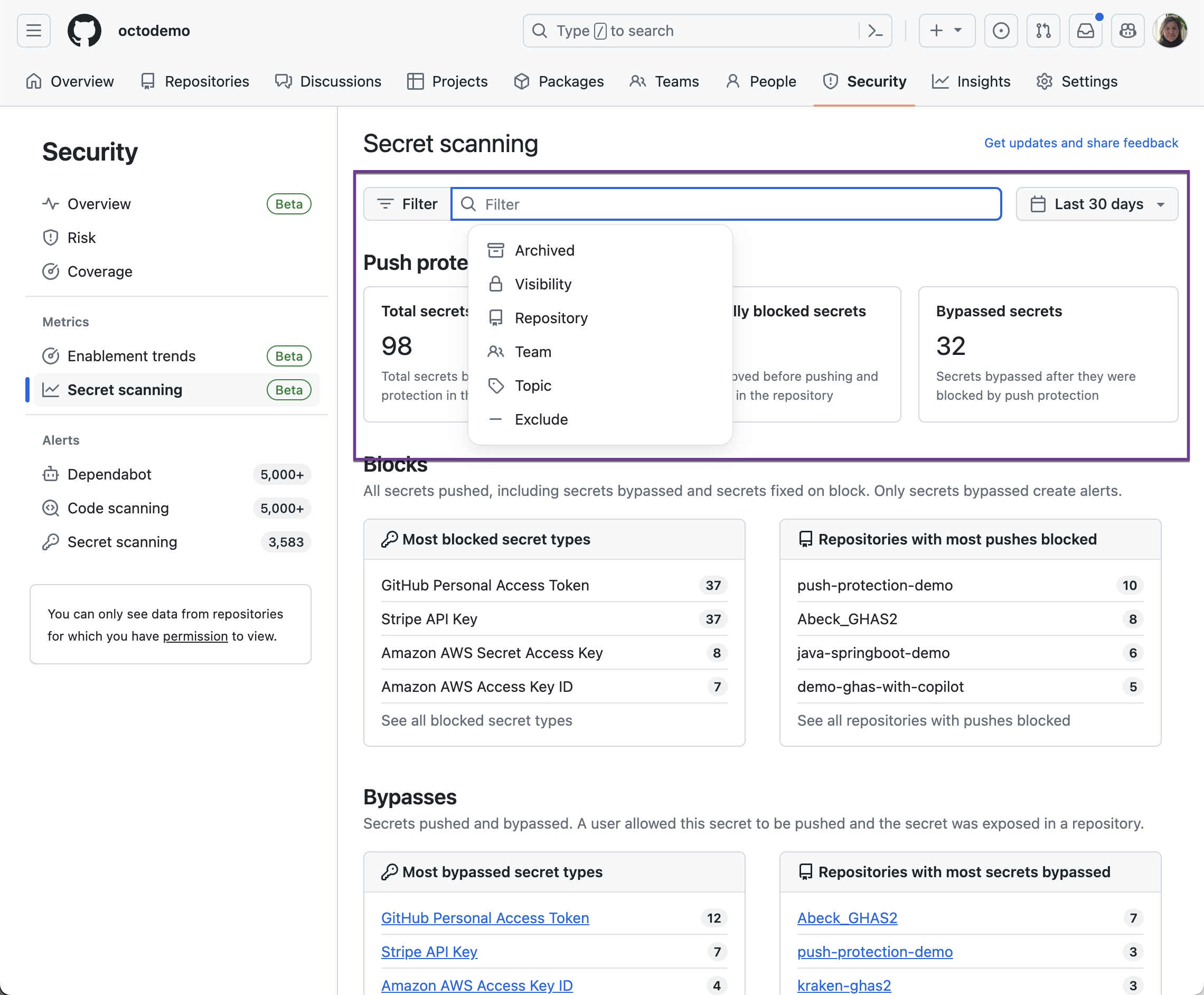 secret scanning metrics page with filter bar highlighted