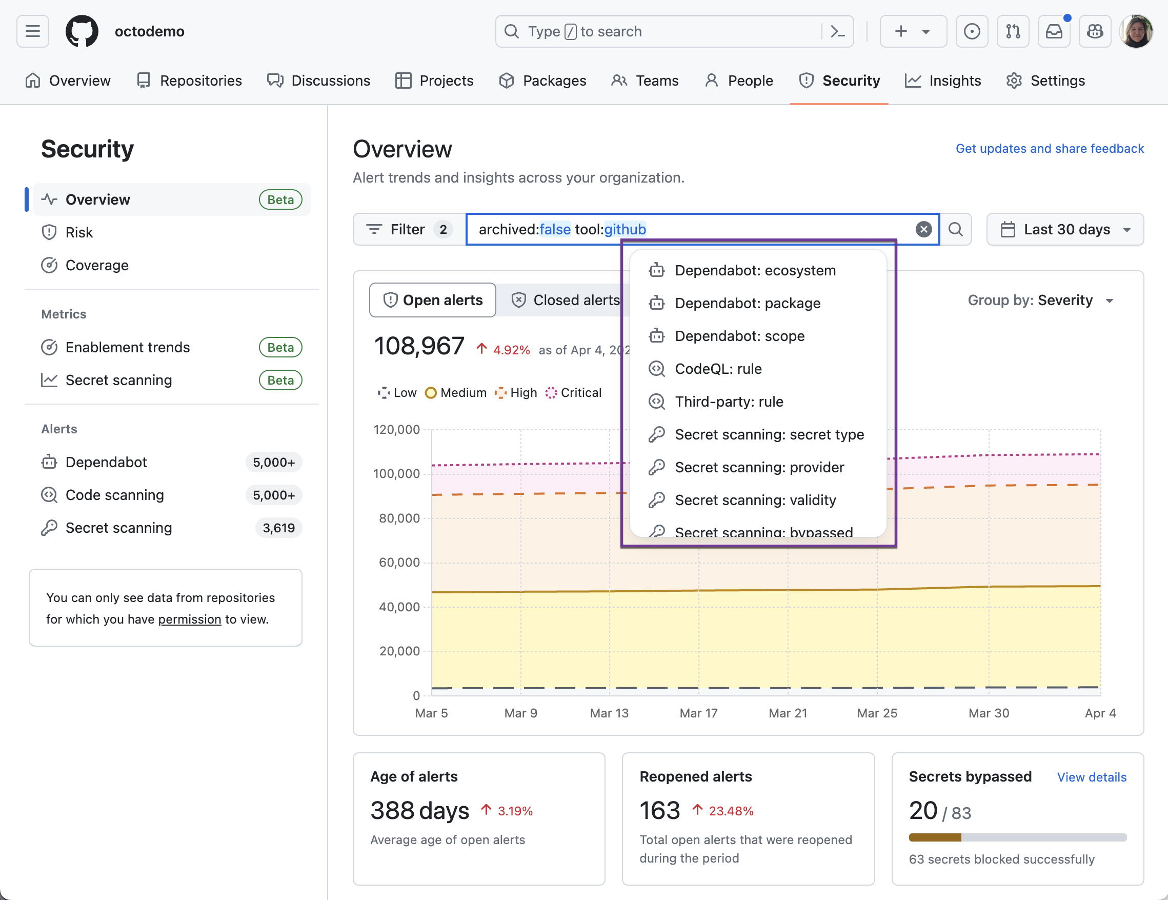 Security tool-centric filters in the filter bar drop-down on the overview dashboard