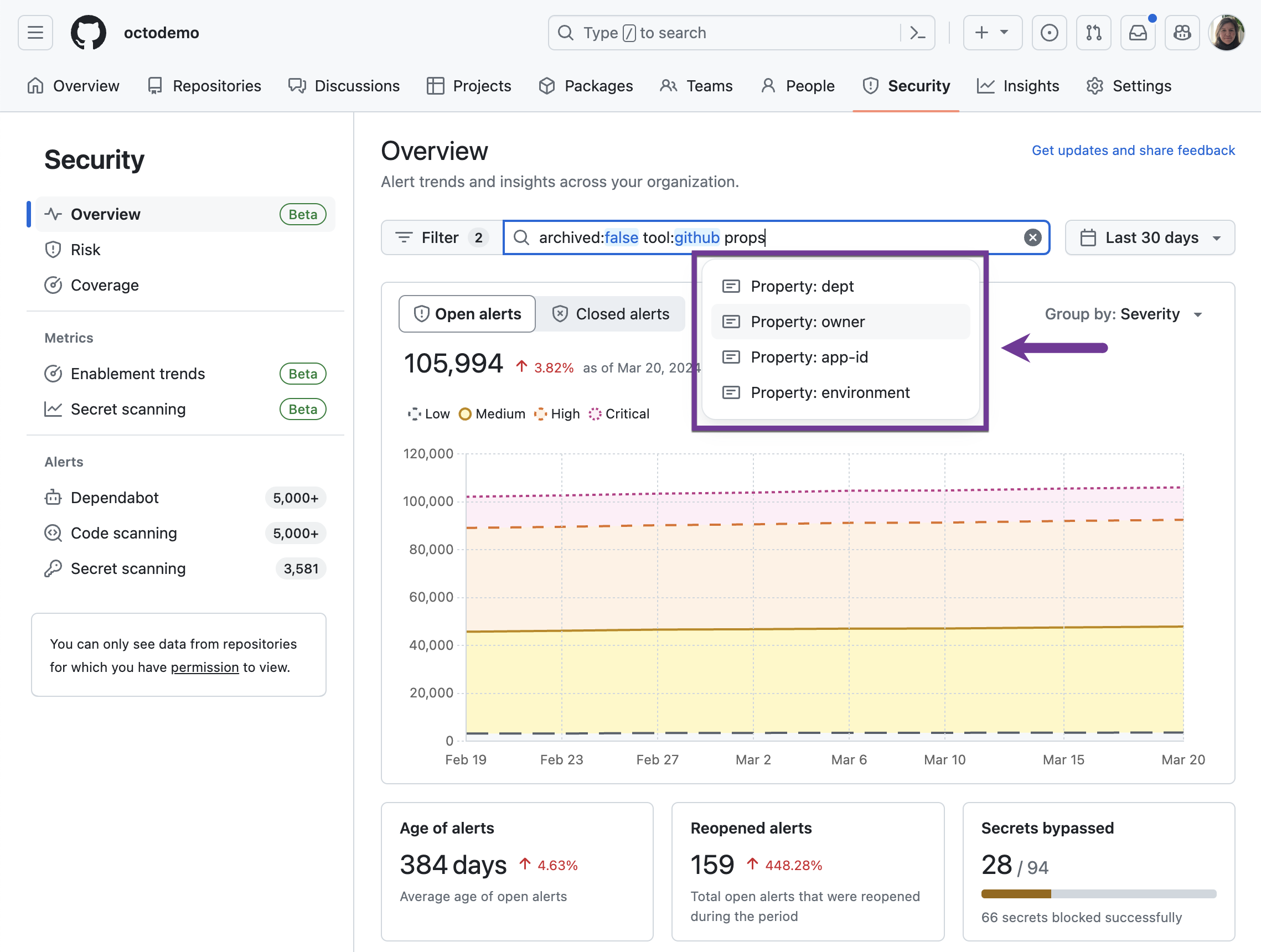 repository custom property filter on the security overview page