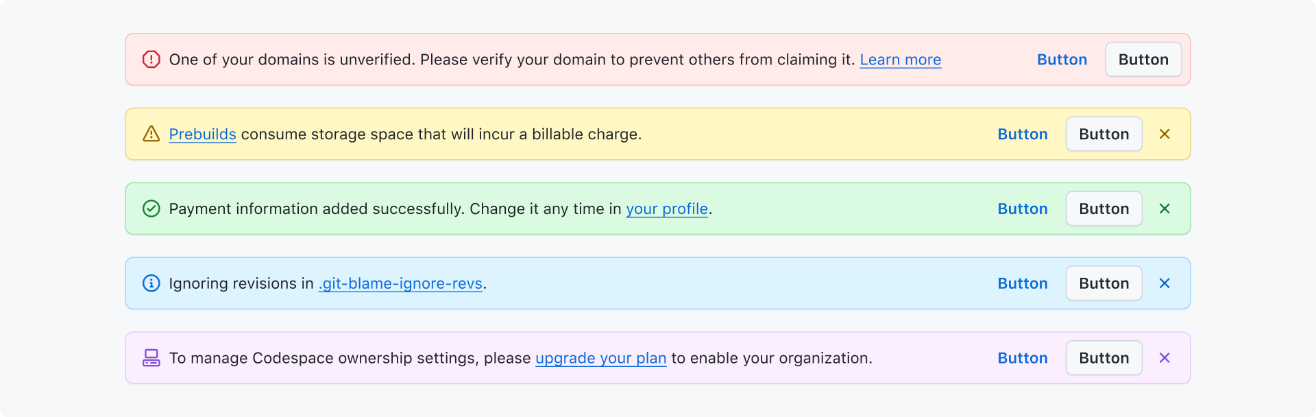 Image displaying each variant of banner, from top: critical, warning, success, info, upsell.