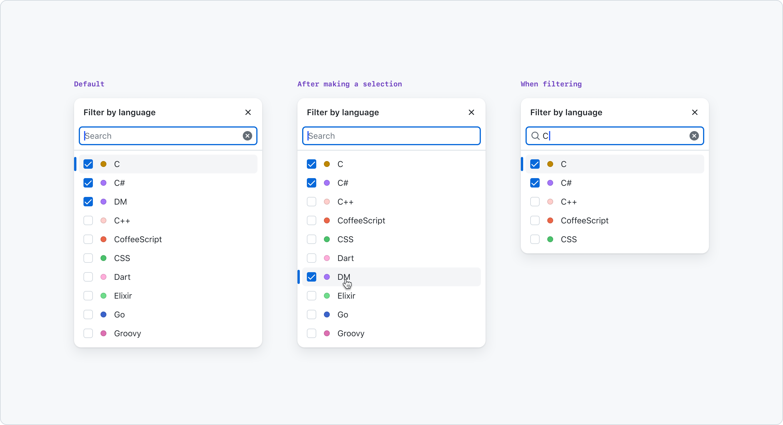 Three dropdown menus labeled Filter by language. The first menu on the left, labeled Default, shows the default state with C (first) and DM (fourth) selected. The middle menu, labeled After making a selection, shows C (first), C# (second), and DM (fourth) selected. The right menu, labeled When filtering, shows filtering with the search term C, displaying C (first) and C# (second) selected.