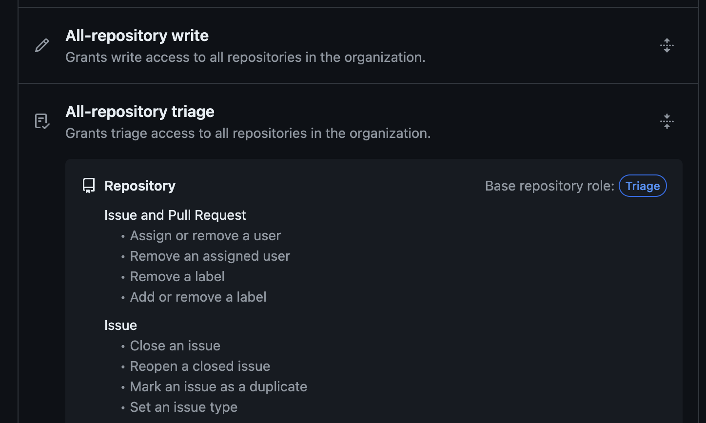 A screenshot of the Triage role expanded to show the repository permissions included in the role