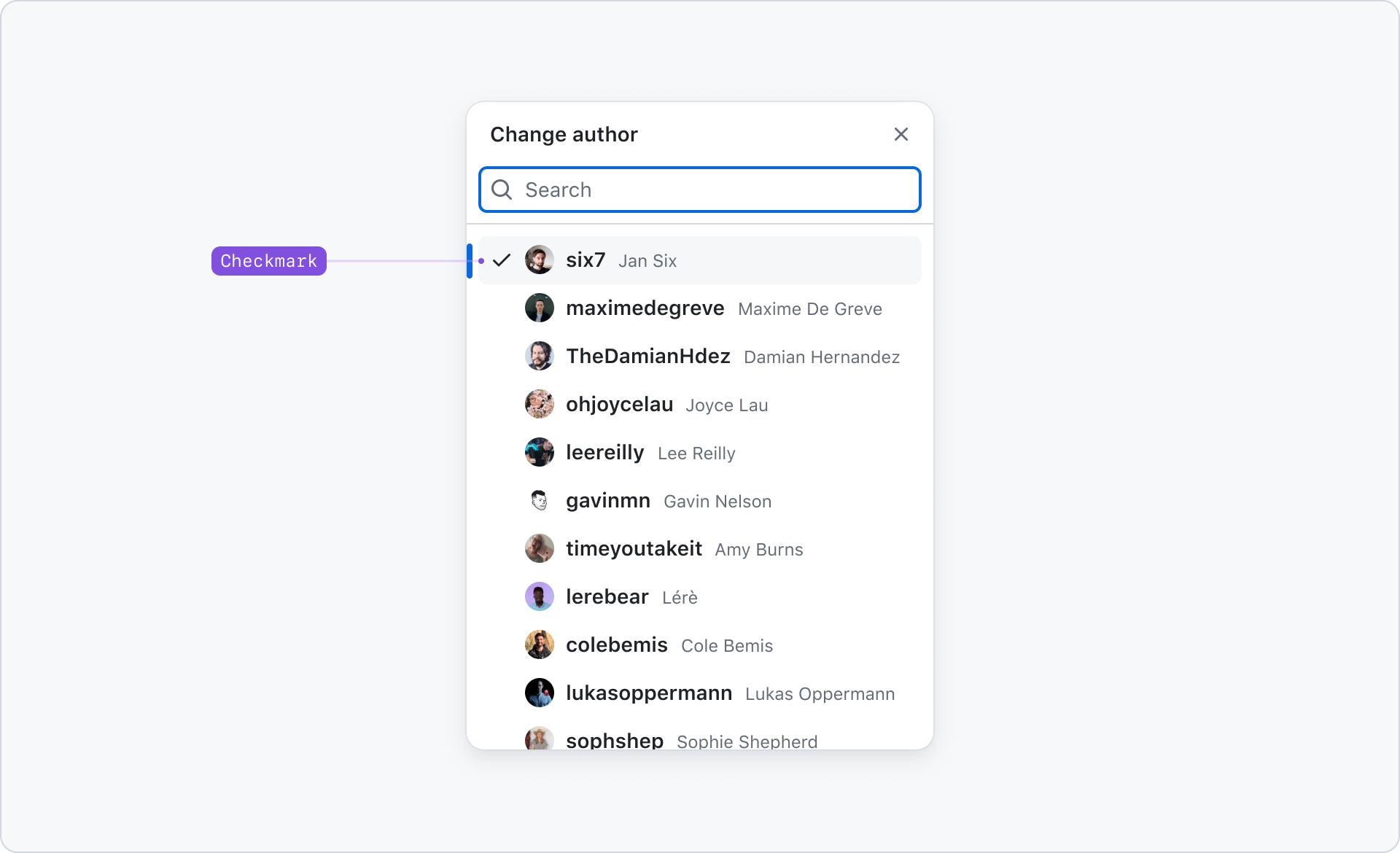 Select panel titled Change author with a search bar and a list of names including Jan Six, Maxime De Greve, Damian Hernandez, Joyce Lau, Lee Reilly, Gavin Nelson, Amy Burns, Lerè, Cole Bemis, Lukas Oppermann, and Sophie Shepherd.