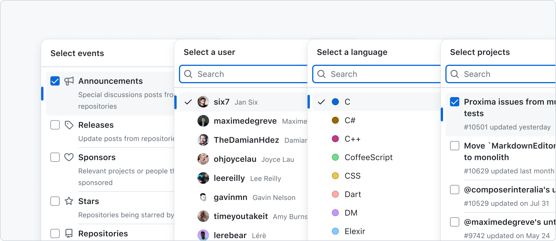 Interface showing selectable options for events, users, languages, and projects. Events include Announcements, Releases, Sponsors, Stars, and Repositories. User selection shows profiles such as six7, maximedegrve, TheDamianHdez. Language options include C, C#, C++, CoffeeScript, CSS, Dart, DM, Elixir. Project selection shows Proxima issues from multiple tests and other repositories.