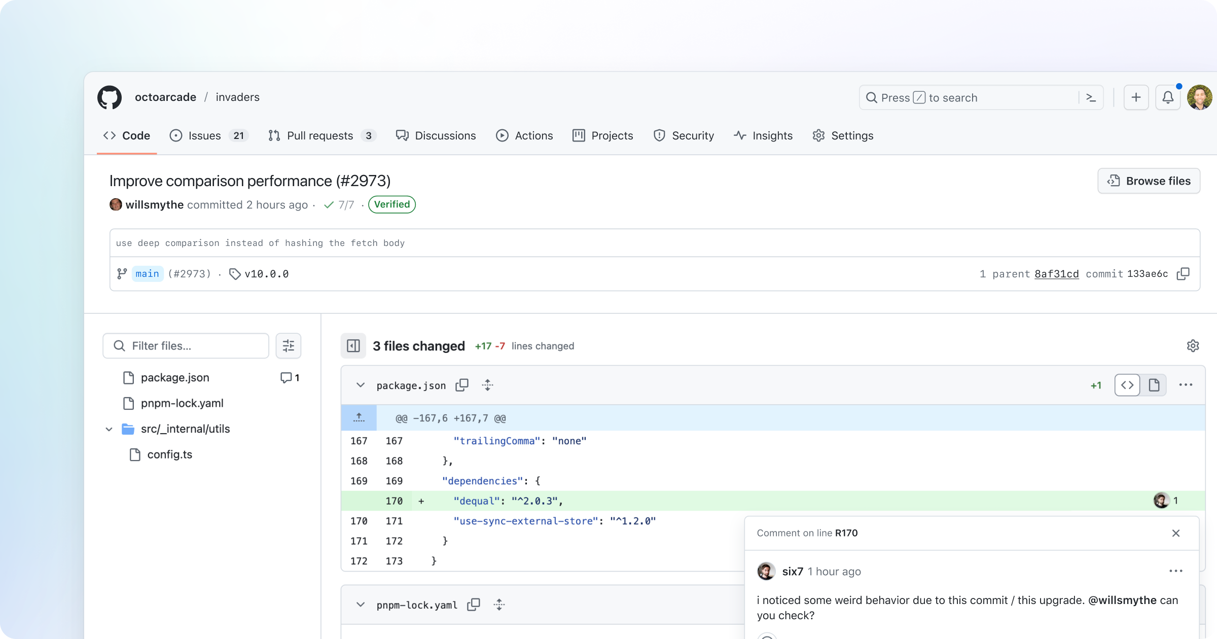 Screen shot of the new commit details page that shows the metadata about the commit, a file tree showing the 3 files changed by the commit, diff snippets for each of the changed files, and a floating comment