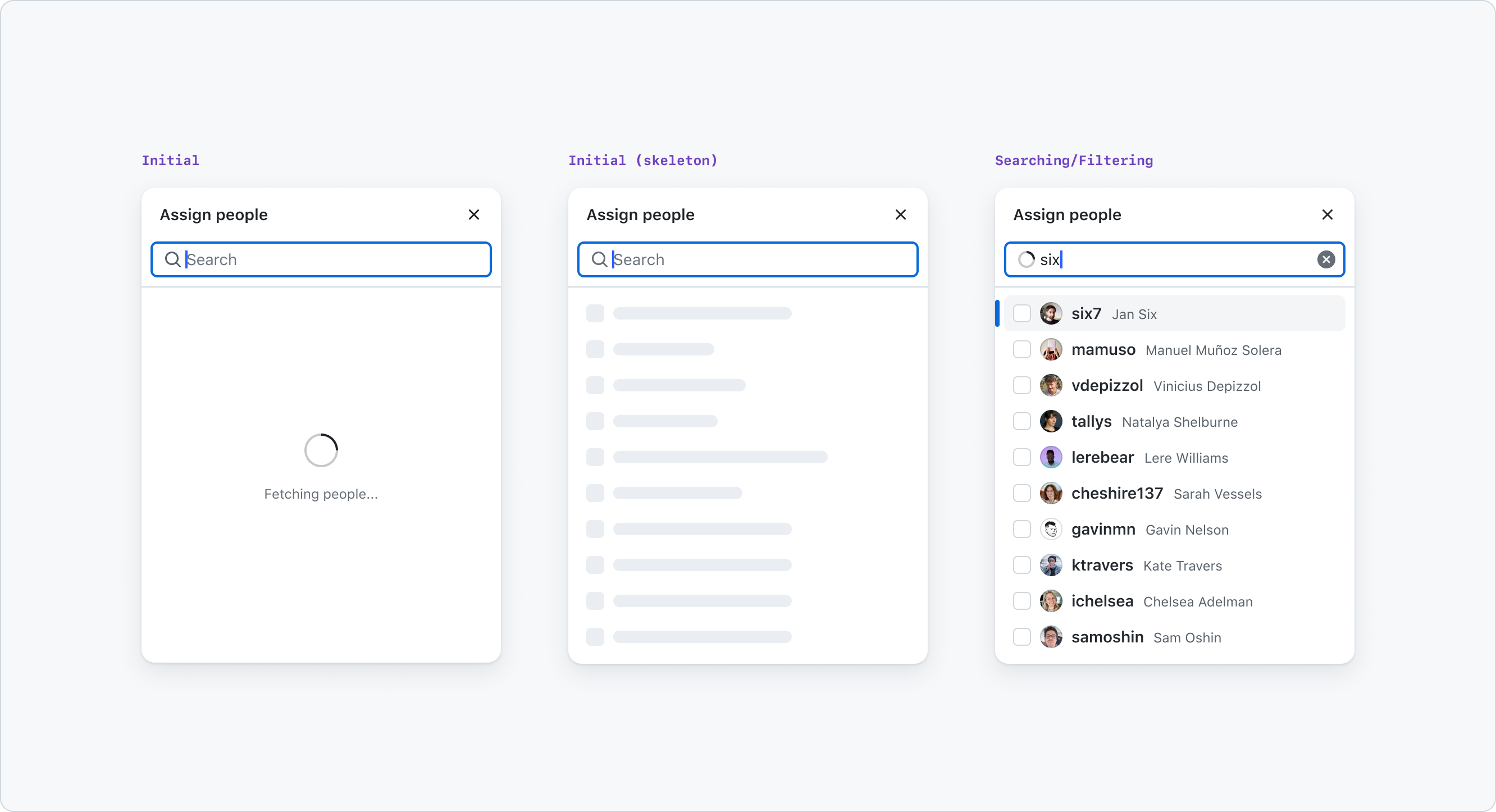 Three stages of an 'Assign people' select panel. The first stage shows an empty search bar with a spinner and 'Fetching people...' text. The second stage displays the same search bar with skeleton loaders. The third stage shows a search for 'six' with a list of users, including avatars and names such as 'Jan Six', 'Manuel Muñoz Solera', and 'Vinicius Depizzol'.