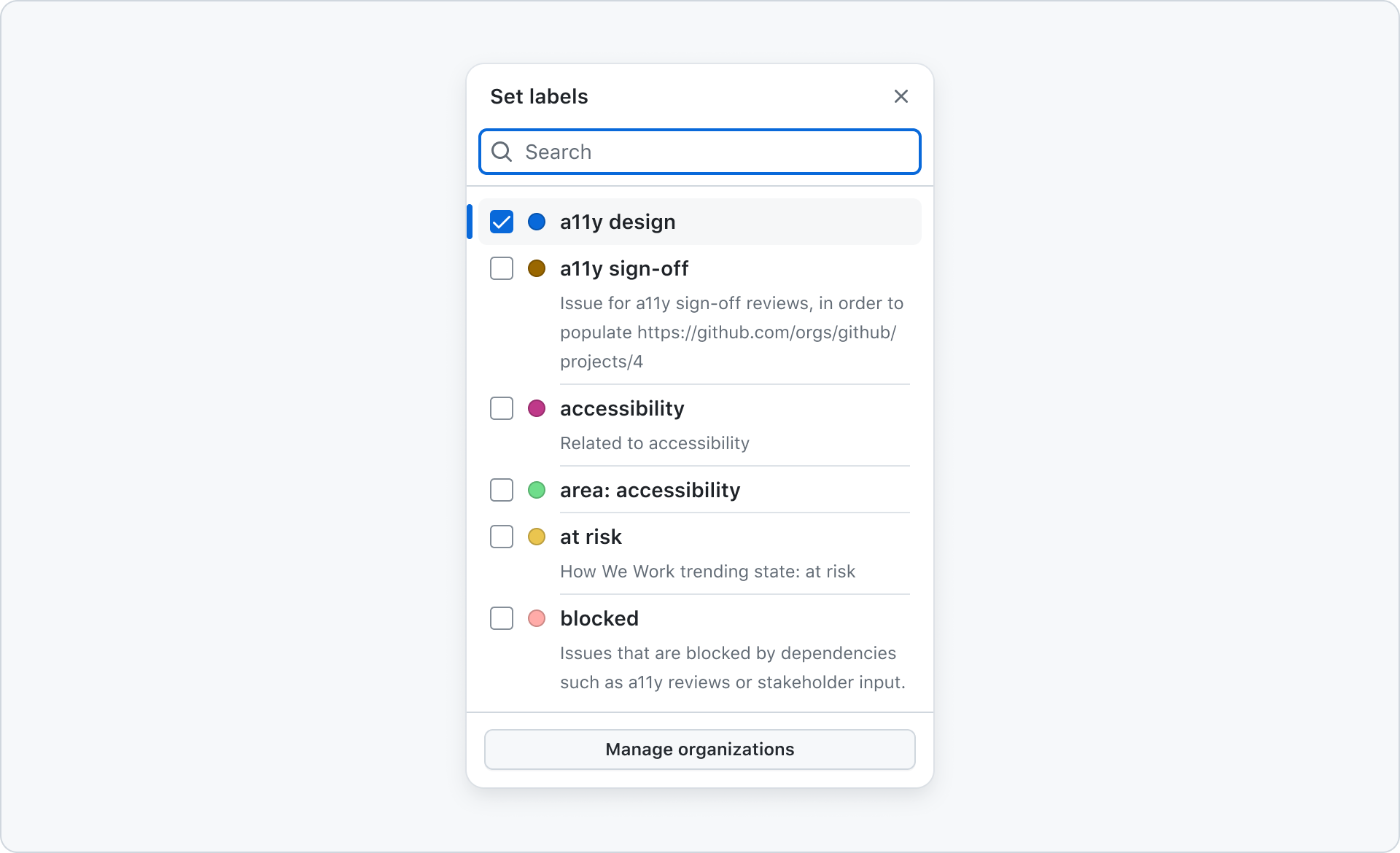 Set labels select panel showing various labels including a11y design (checked), a11y sign-off, accessibility, area: accessibility, at risk, and blocked with a search bar at the top.'