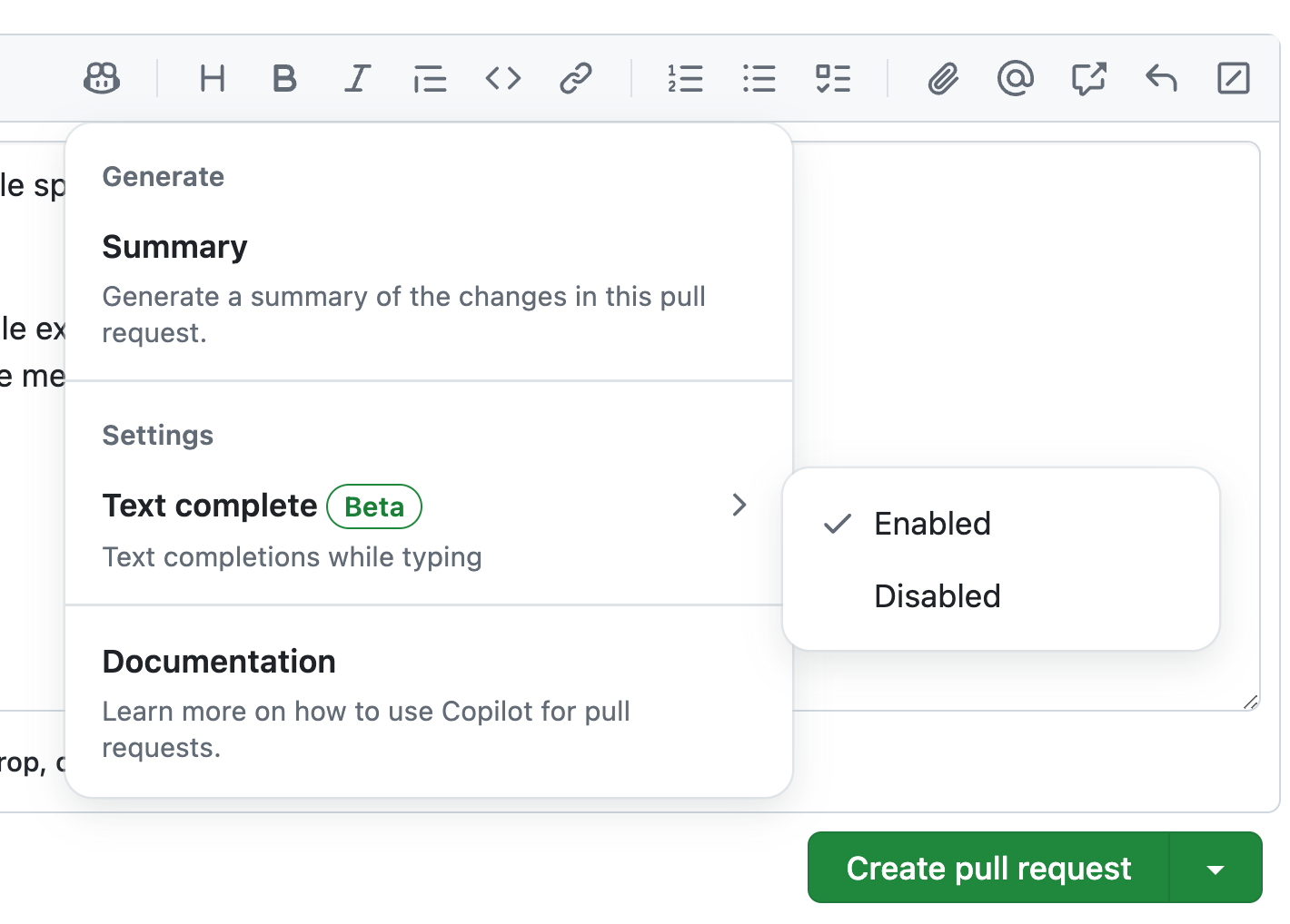 screen grab of user controlling text completion using the copilot menu in the pull request description