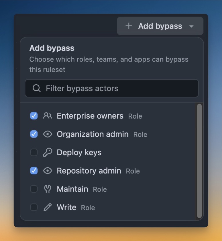 Screenshot of ruleset bypass with enterprise owners