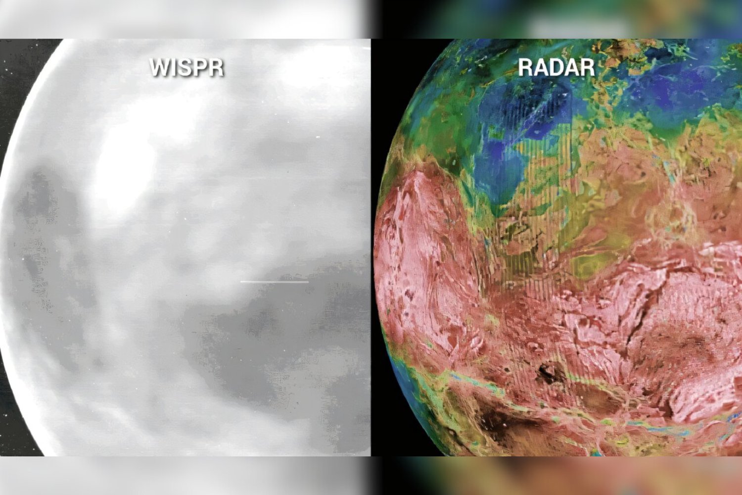 Left: Near-infrared emissions on Venus' nightside Right: A mosaic of radar images of Venus' surface.