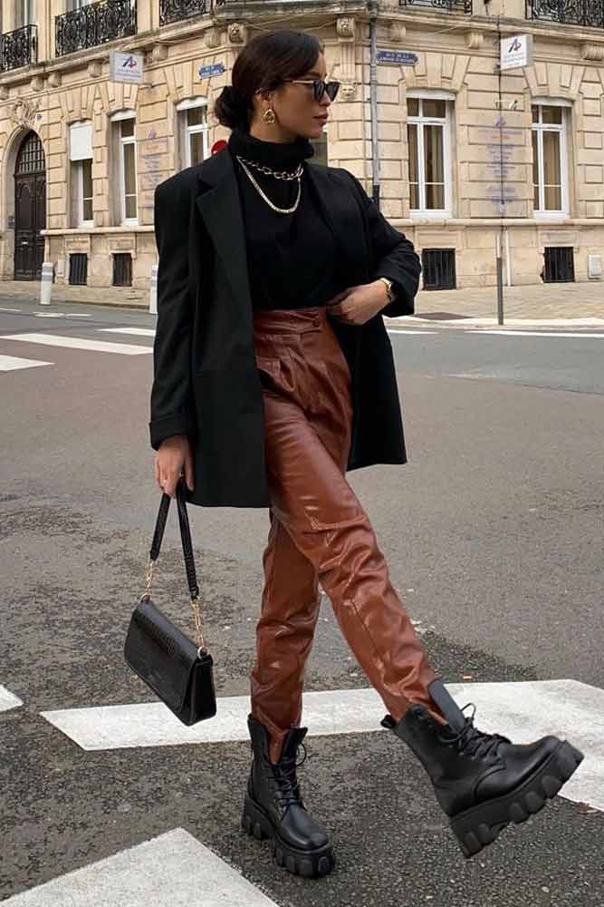 Brown Leather Pants With Black Blazer Outfit #blackblazer