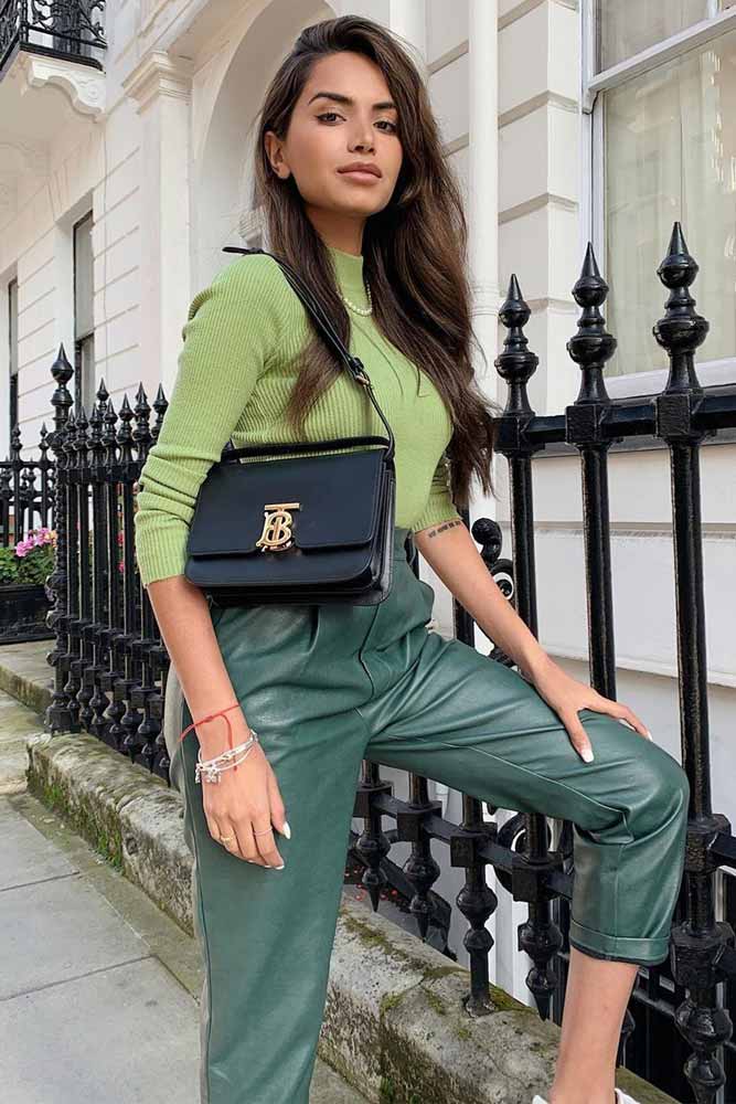 Green Leather Pants With Top Outfit #greenpants