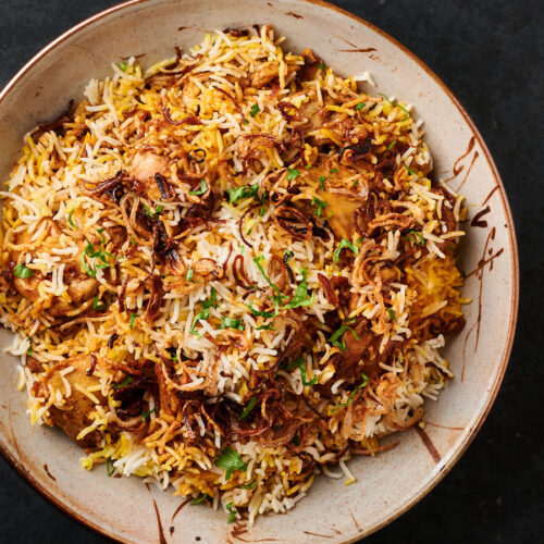 Bowl of chicken biryani from above.