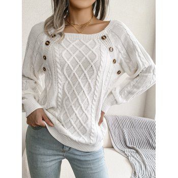 Cable Knit Sweater Mock Button Raglan Sleeve Crew Neck Pullover Sweater