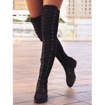 Solid Color Lace Up Over The Knee Boots