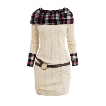 Plaid Panel Cable Knit Belted Sweater Dress Cowl Neck Ruched Mini Dress