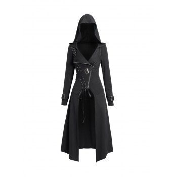 Punk Gothic Hooded Coat Plain Color Lace Up Zip Coat